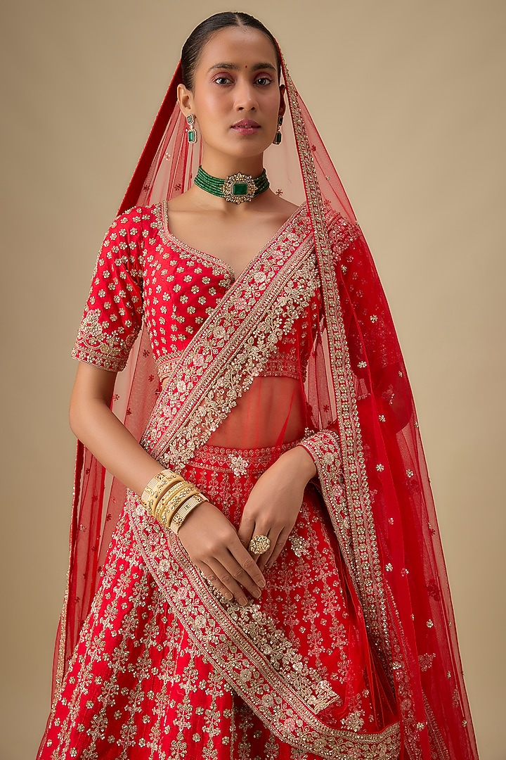 Red Raw Silk Zardosi Embroidered Bridal Lehenga Set by Kalighata at Pernia's Pop Up Shop
