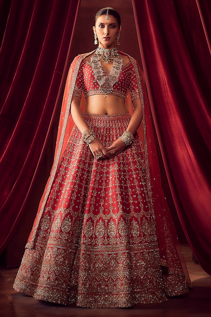 Rani Pink Raw Silk Hand & Machine Embroidered Bridal Lehenga Set by Kalighata at Pernia's Pop Up Shop