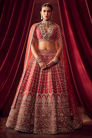 Rani Pink Raw Silk Hand & Machine Embroidered Lehenga Set by Kalighata