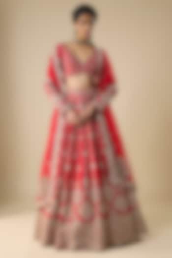 Red Silk Zari Hand & Machine Embroidered Bridal Lehenga Set by Kalighata at Pernia's Pop Up Shop