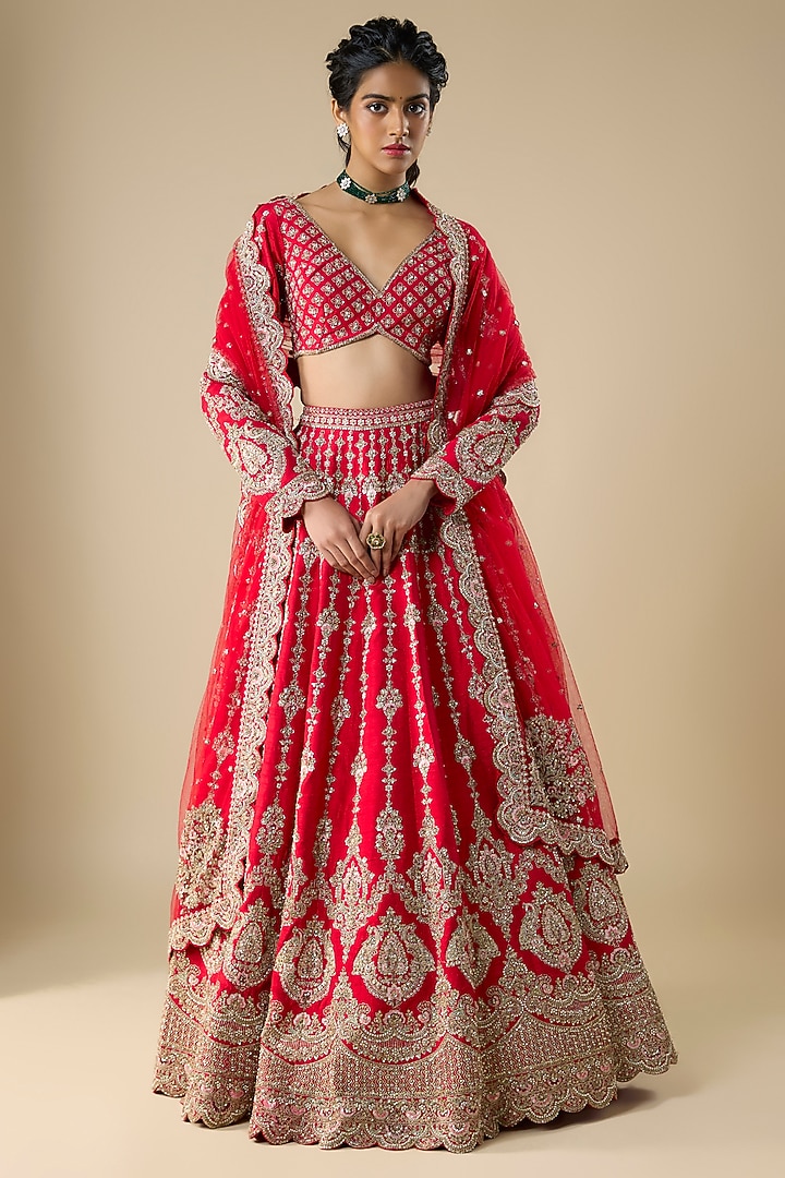 Red Silk Zari Hand & Machine Embroidered Bridal Lehenga Set by Kalighata at Pernia's Pop Up Shop