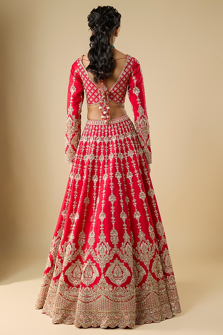 Red Silk Zari Hand & Machine Embroidered Bridal Lehenga Set by Kalighata at Pernia's Pop Up Shop