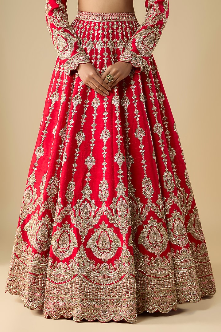 Red Silk Zari Hand & Machine Embroidered Bridal Lehenga Set by Kalighata at Pernia's Pop Up Shop