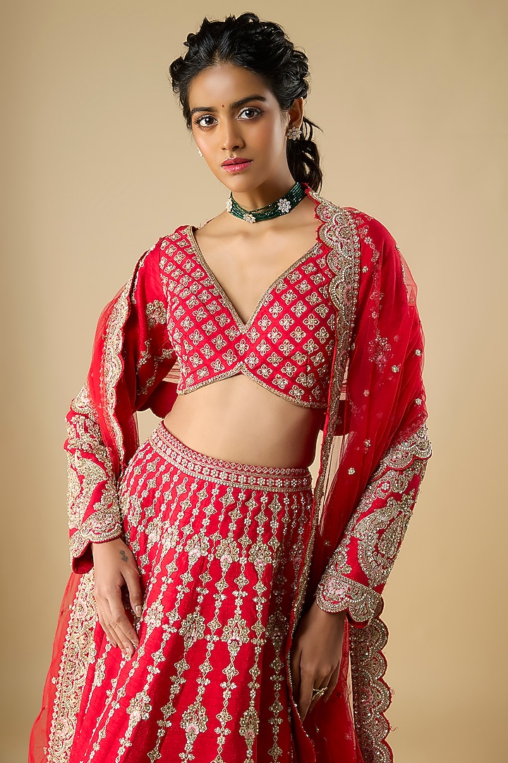 Red Silk Zari Hand & Machine Embroidered Bridal Lehenga Set by Kalighata at Pernia's Pop Up Shop