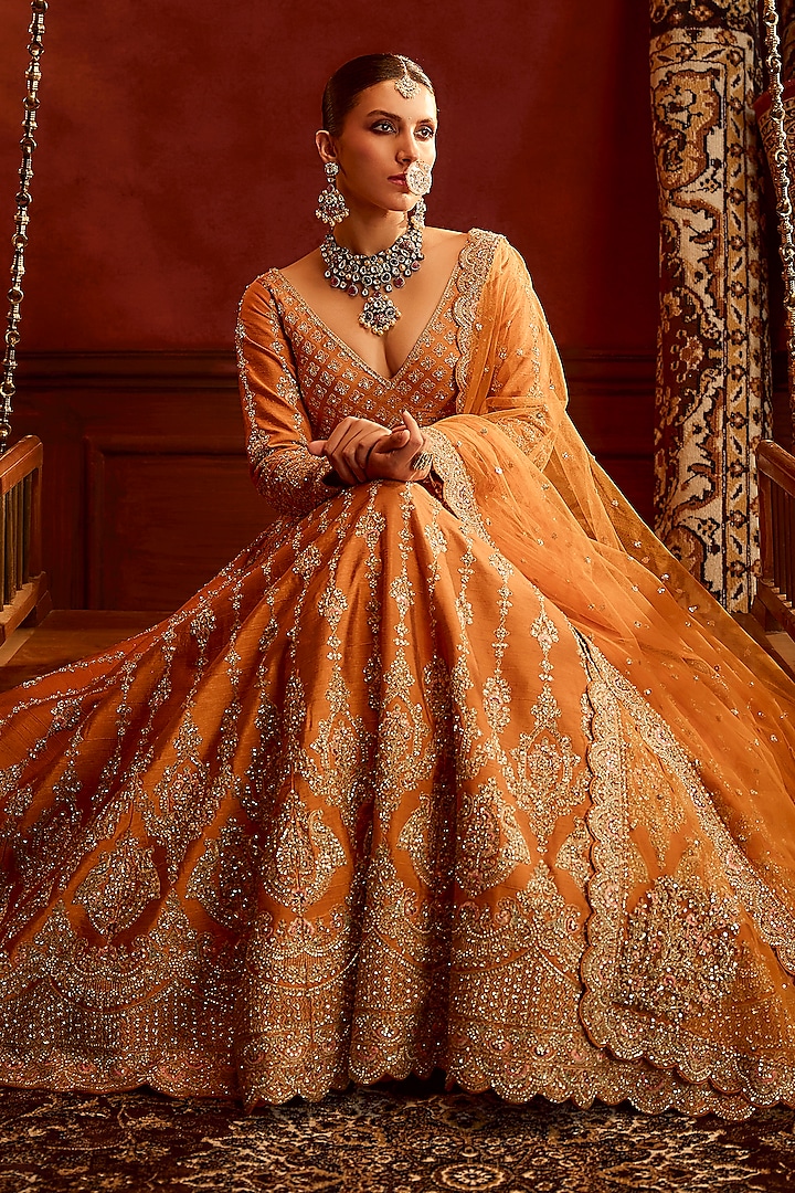 Rust Raw Silk Hand & Machine Embroidered Bridal Lehenga Set by Kalighata at Pernia's Pop Up Shop