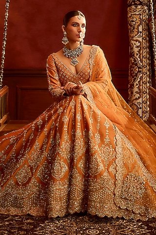 Rust Raw Silk Hand & Machine Embroidered Lehenga Set by Kalighata