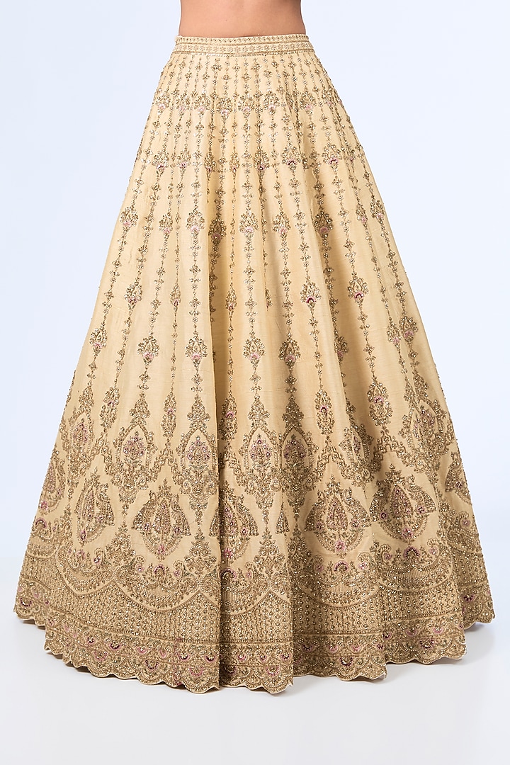 Ivory Raw Silk Zardosi Hand Embroidered Bridal Lehenga Set by Kalighata at Pernia's Pop Up Shop
