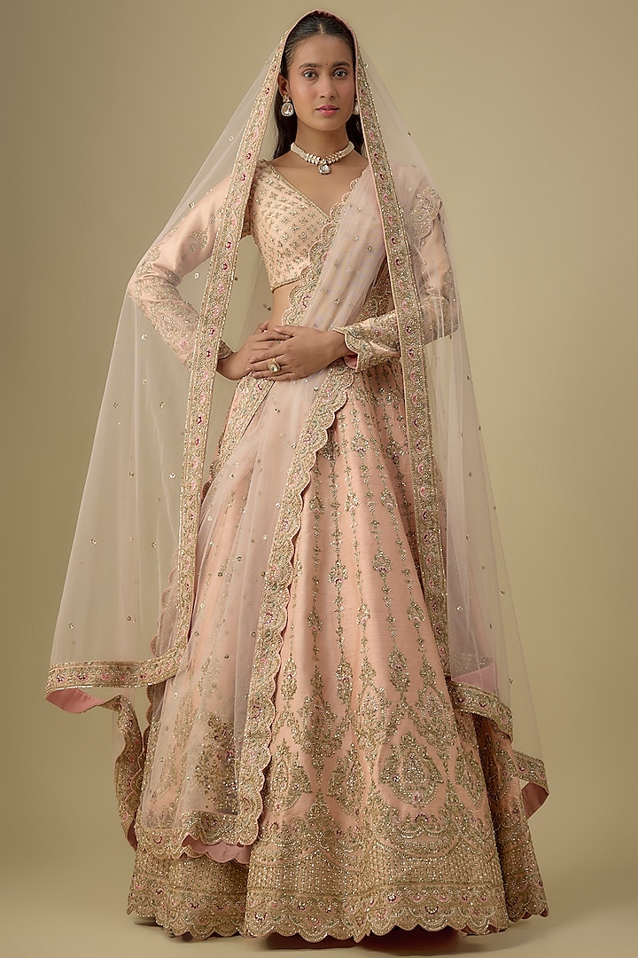 Pink Raw Silk Zardosi Embroidered Bridal Lehenga Set by Kalighata at Pernia's Pop Up Shop