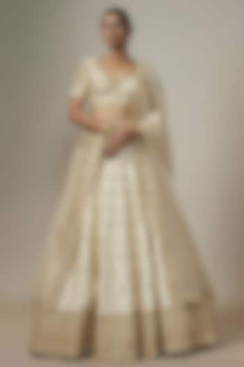 Ivory Metallic Organza Hand Embroidered Bridal Lehenga Set by Kalighata at Pernia's Pop Up Shop