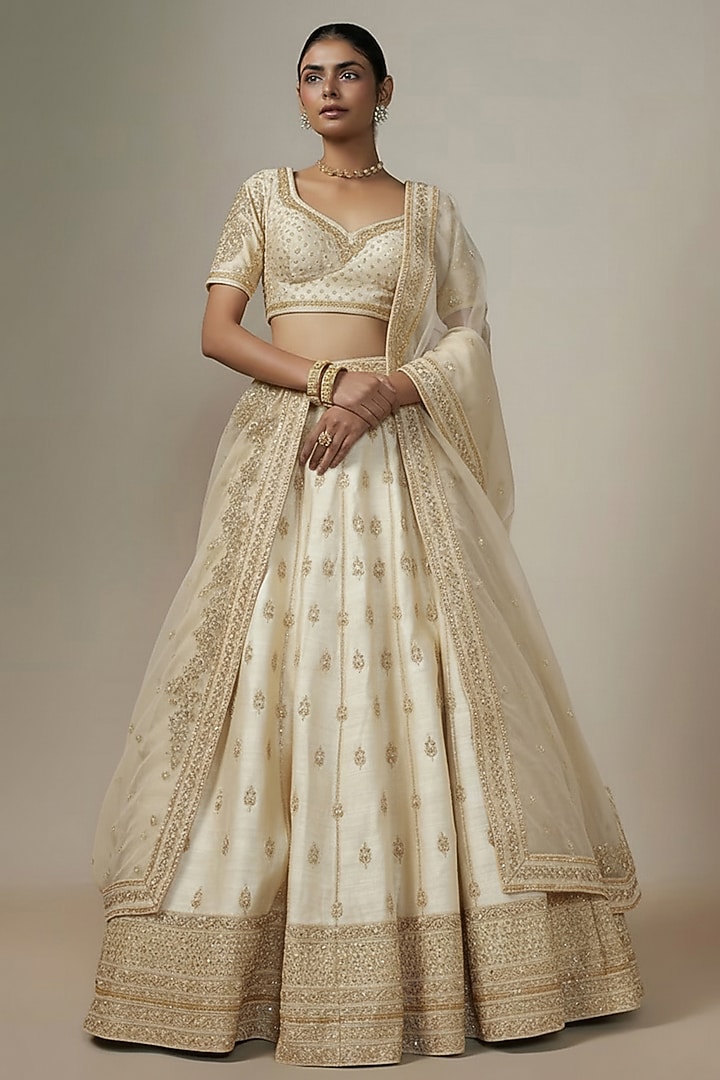 Ivory Metallic Organza Hand Embroidered Bridal Lehenga Set by Kalighata at Pernia's Pop Up Shop