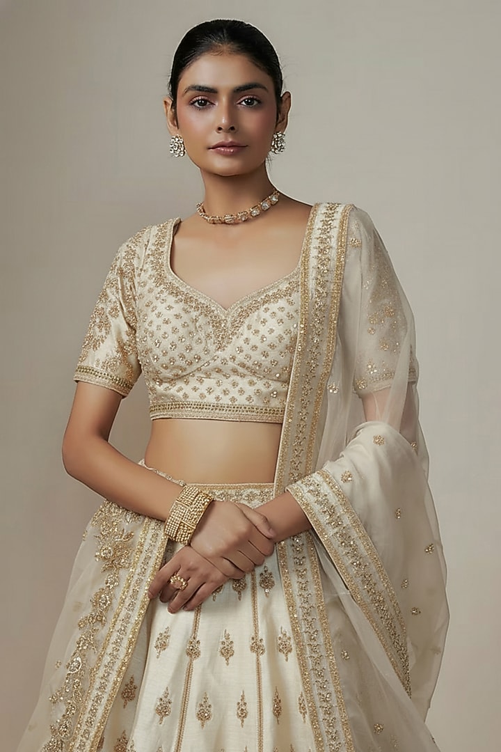 Ivory Metallic Organza Hand Embroidered Bridal Lehenga Set by Kalighata at Pernia's Pop Up Shop