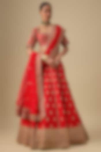 Red Raw Silk Zardosi Embroidered Bridal Lehenga Set by Kalighata at Pernia's Pop Up Shop