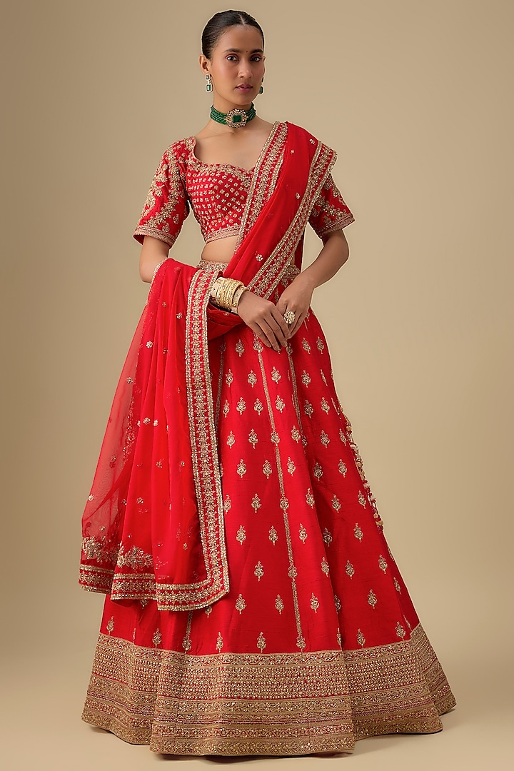 Red Raw Silk Zardosi Embroidered Bridal Lehenga Set by Kalighata at Pernia's Pop Up Shop