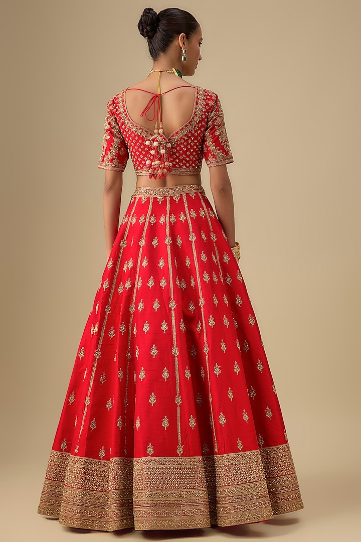 Red Raw Silk Zardosi Embroidered Bridal Lehenga Set by Kalighata at Pernia's Pop Up Shop