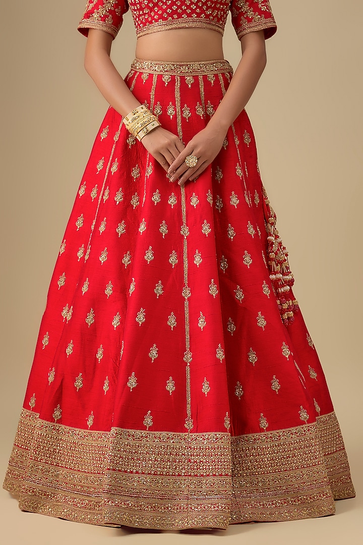 Red Raw Silk Zardosi Embroidered Bridal Lehenga Set by Kalighata at Pernia's Pop Up Shop
