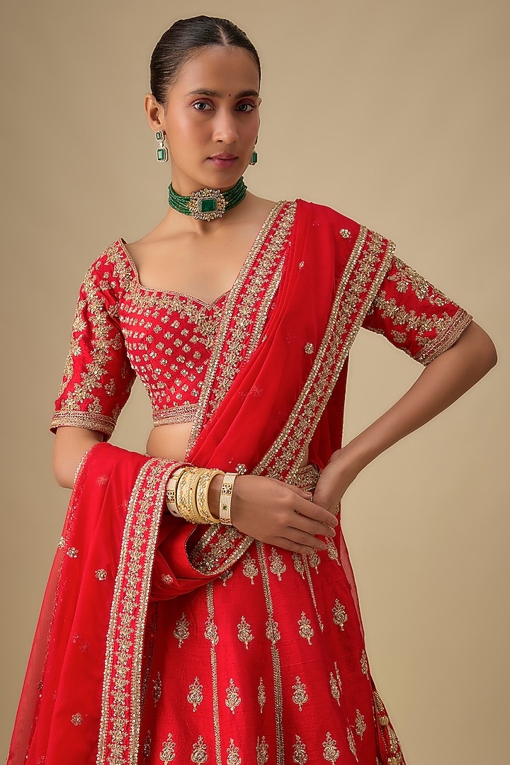 Red Raw Silk Zardosi Embroidered Bridal Lehenga Set by Kalighata at Pernia's Pop Up Shop