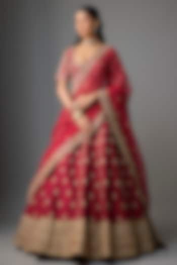 Maroon Raw Silk Zari Hand Embroidered Bridal Lehenga Set by Kalighata at Pernia's Pop Up Shop