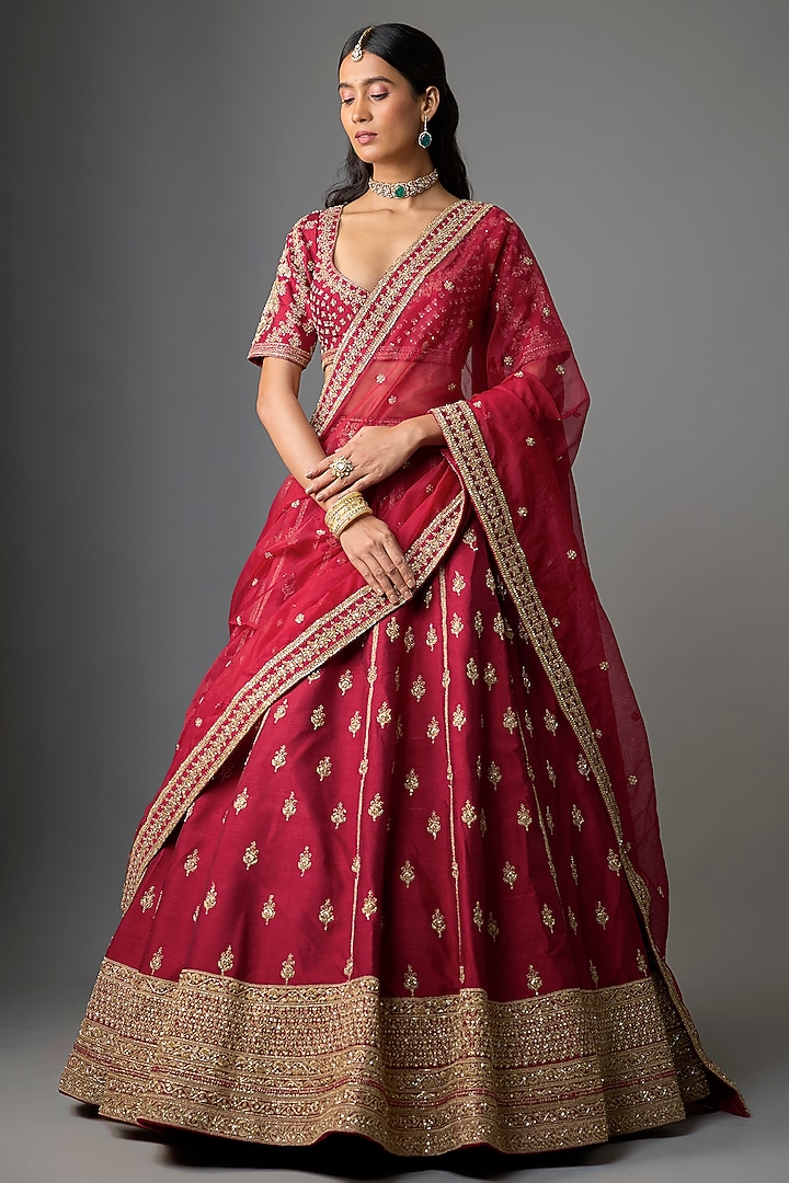 Maroon Raw Silk Zari Hand Embroidered Bridal Lehenga Set by Kalighata at Pernia's Pop Up Shop