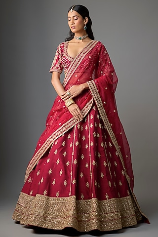 Maroon Raw Silk Zari Hand Embroidered Lehenga Set by Kalighata