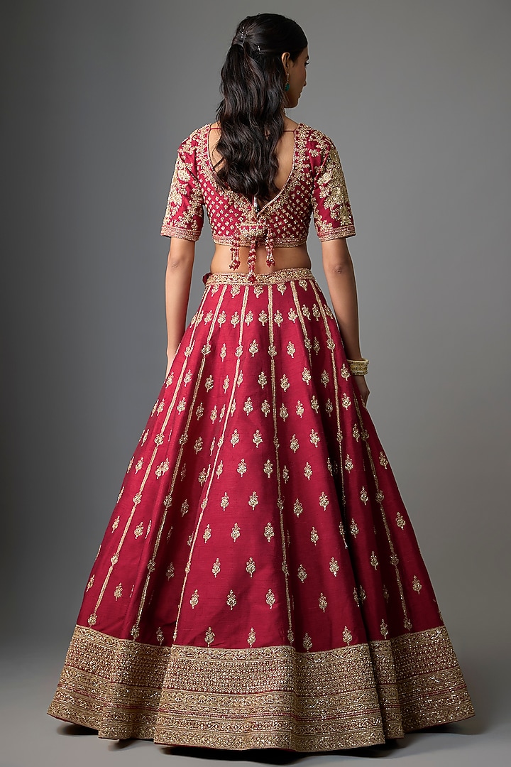 Maroon Raw Silk Zari Hand Embroidered Bridal Lehenga Set by Kalighata at Pernia's Pop Up Shop
