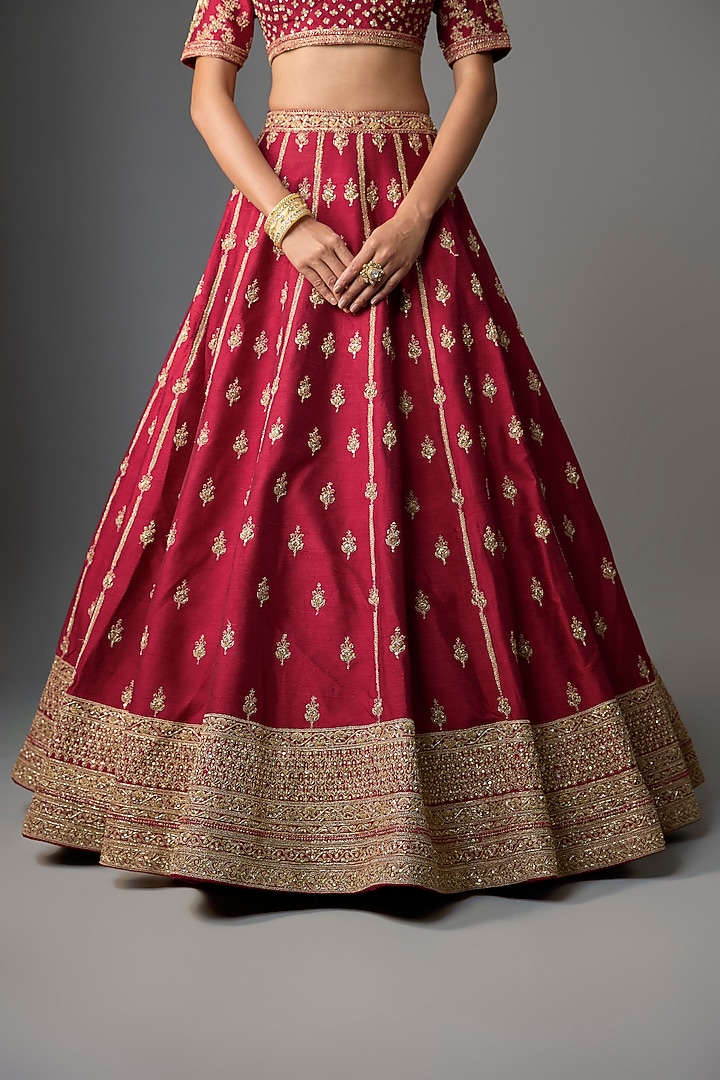 Maroon Raw Silk Zari Hand Embroidered Bridal Lehenga Set by Kalighata at Pernia's Pop Up Shop