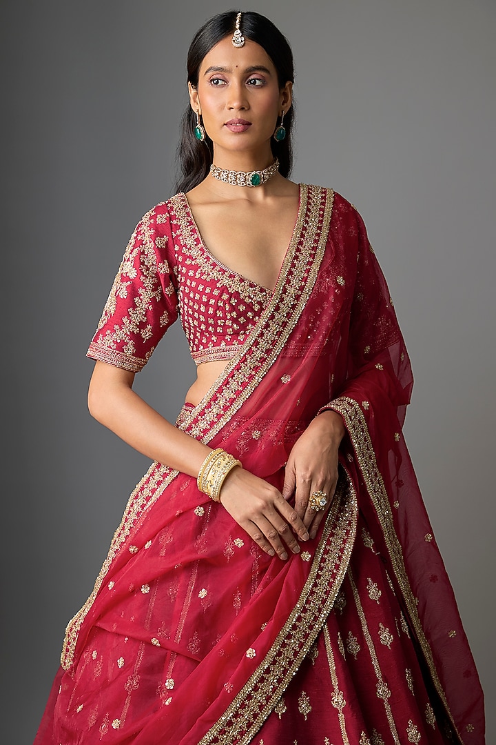 Maroon Raw Silk Zari Hand Embroidered Bridal Lehenga Set by Kalighata at Pernia's Pop Up Shop