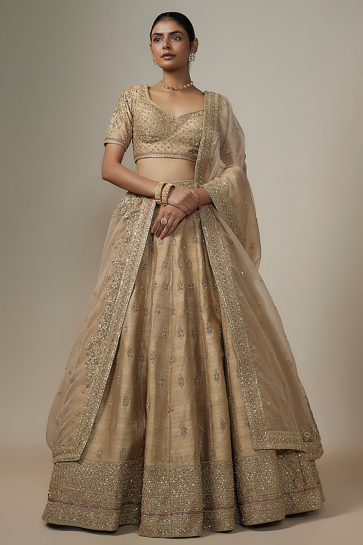 Gold Metallic Organza Motif Hand Embroidered Wedding Lehenga Set by Kalighata at Pernia's Pop Up Shop