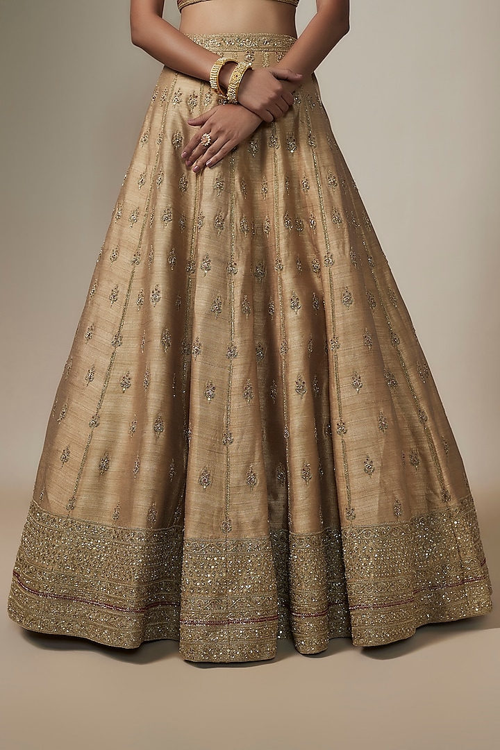 Gold Metallic Organza Motif Hand Embroidered Bridal Lehenga Set by Kalighata at Pernia's Pop Up Shop