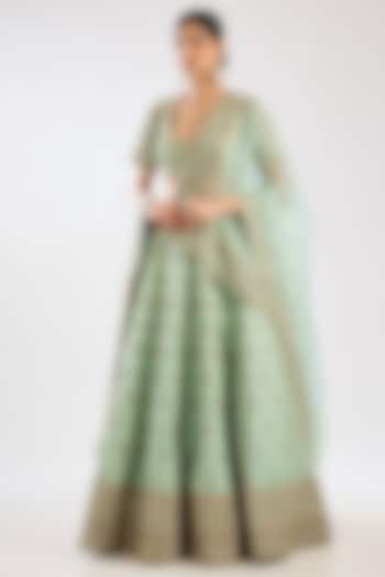 Firozi Blue Raw Silk Zari Hand Embroidered Bridal Lehenga Set by Kalighata at Pernia's Pop Up Shop