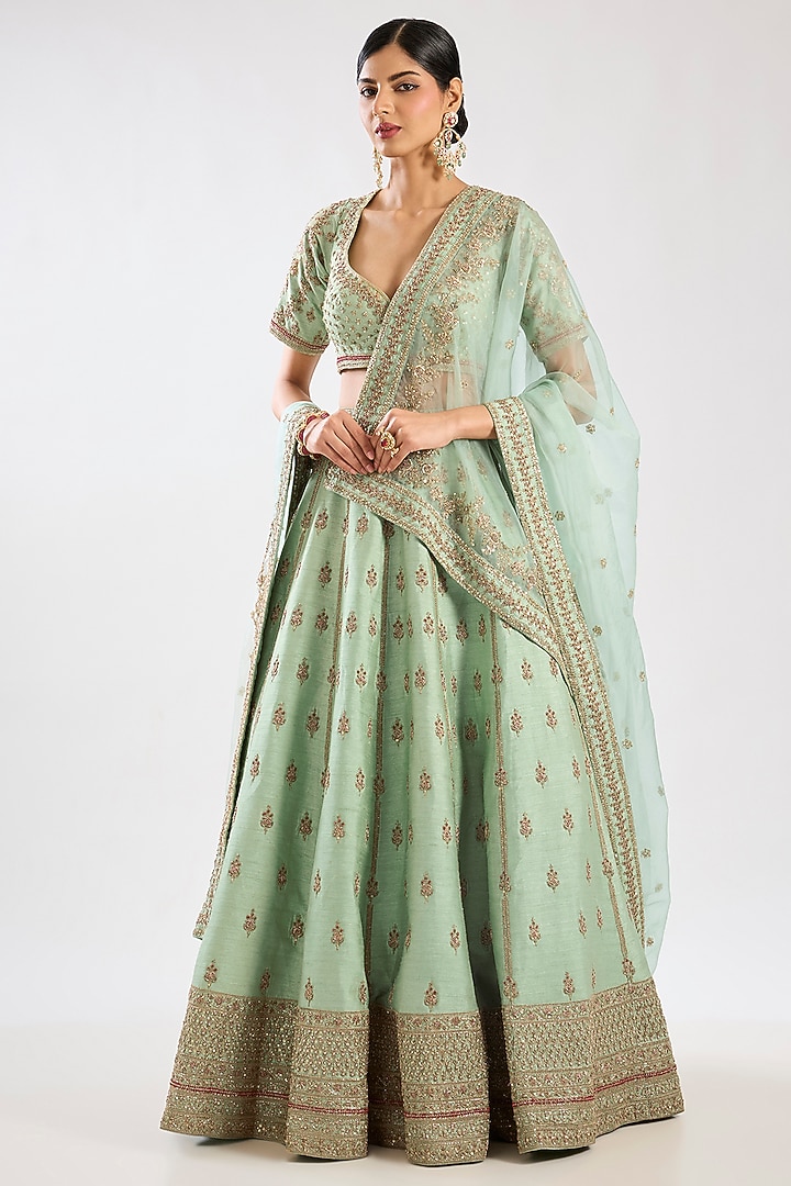 Firozi Blue Raw Silk Zari Hand Embroidered Bridal Lehenga Set by Kalighata at Pernia's Pop Up Shop