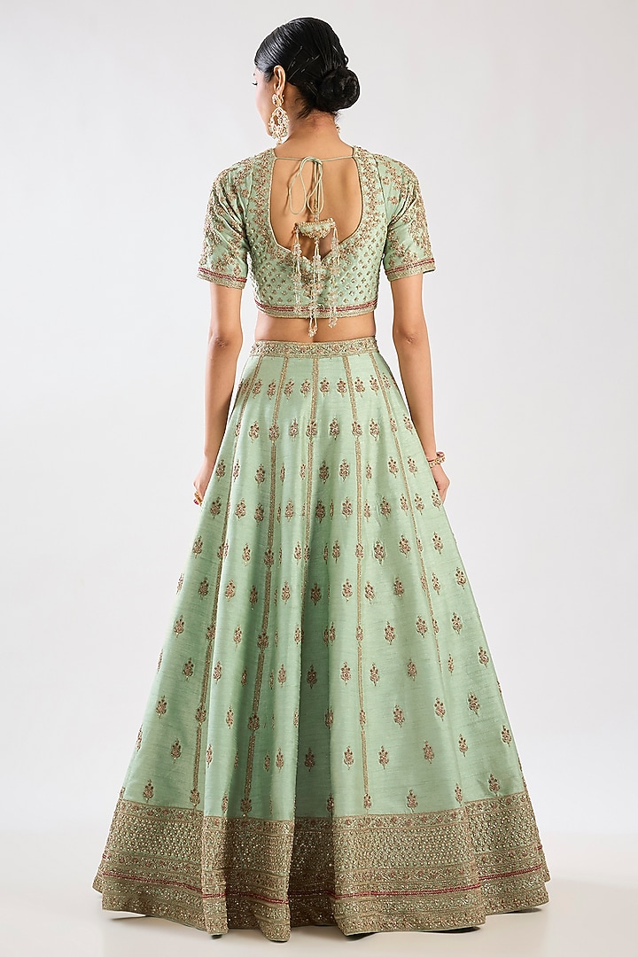 Firozi Blue Raw Silk Zari Hand Embroidered Bridal Lehenga Set by Kalighata at Pernia's Pop Up Shop