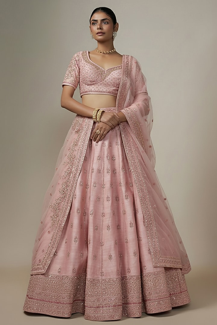 Pink Metallic Organza Hand Embroidered Bridal Lehenga Set by Kalighata at Pernia's Pop Up Shop