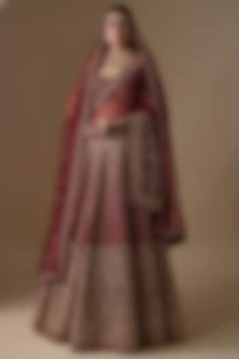 Maroon Raw Silk Hand & Machine Embroidered Bridal Lehenga Set by Kalighata at Pernia's Pop Up Shop
