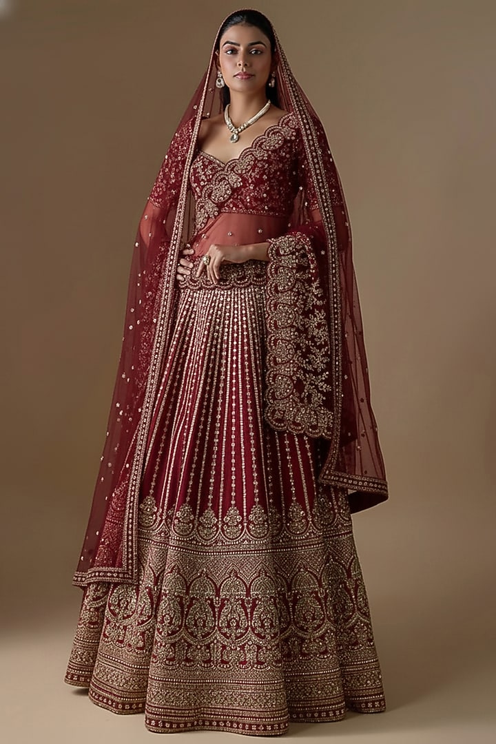 Maroon Raw Silk Hand & Machine Embroidered Bridal Lehenga Set by Kalighata at Pernia's Pop Up Shop