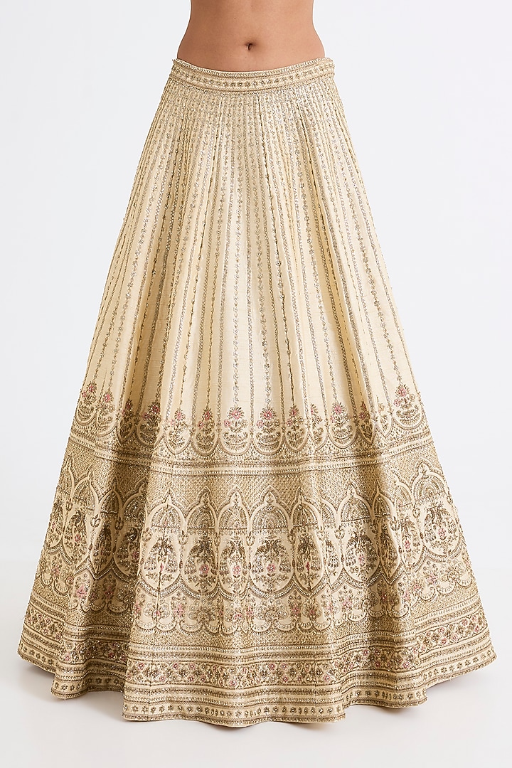 Ivory Raw Silk Zari Hand & Machine Embroidered Bridal Lehenga Set by Kalighata at Pernia's Pop Up Shop