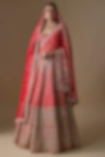 Red Raw Silk Zardosi Hand Embroidered Bridal Lehenga Set by Kalighata at Pernia's Pop Up Shop