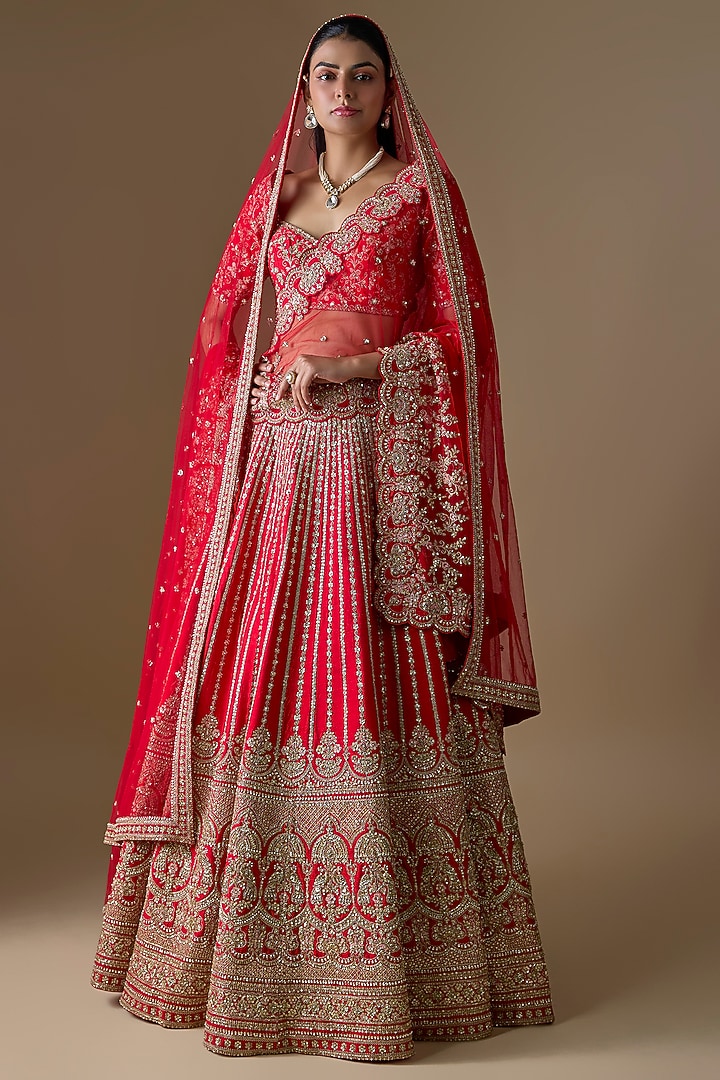 Red Raw Silk Zardosi Hand Embroidered Bridal Lehenga Set by Kalighata at Pernia's Pop Up Shop