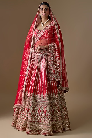 Red Raw Silk Zardosi Hand Embroidered Lehenga Set by Kalighata