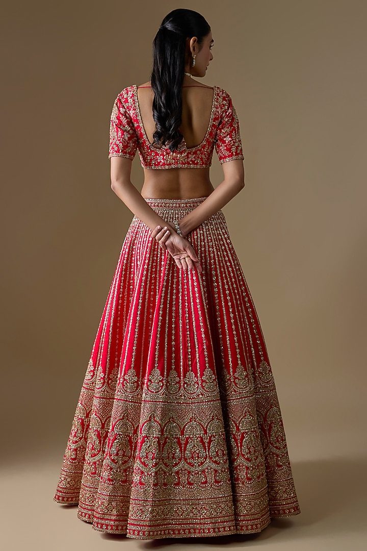 Red Raw Silk Zardosi Hand Embroidered Bridal Lehenga Set by Kalighata at Pernia's Pop Up Shop