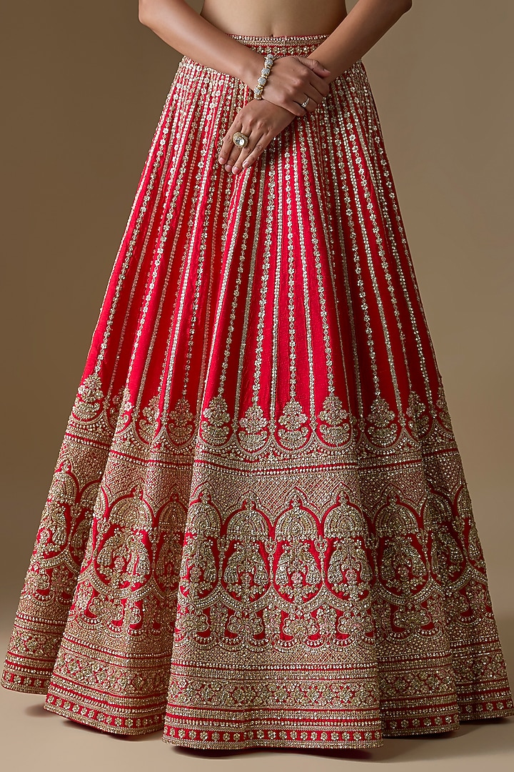 Red Raw Silk Zardosi Hand Embroidered Bridal Lehenga Set by Kalighata at Pernia's Pop Up Shop