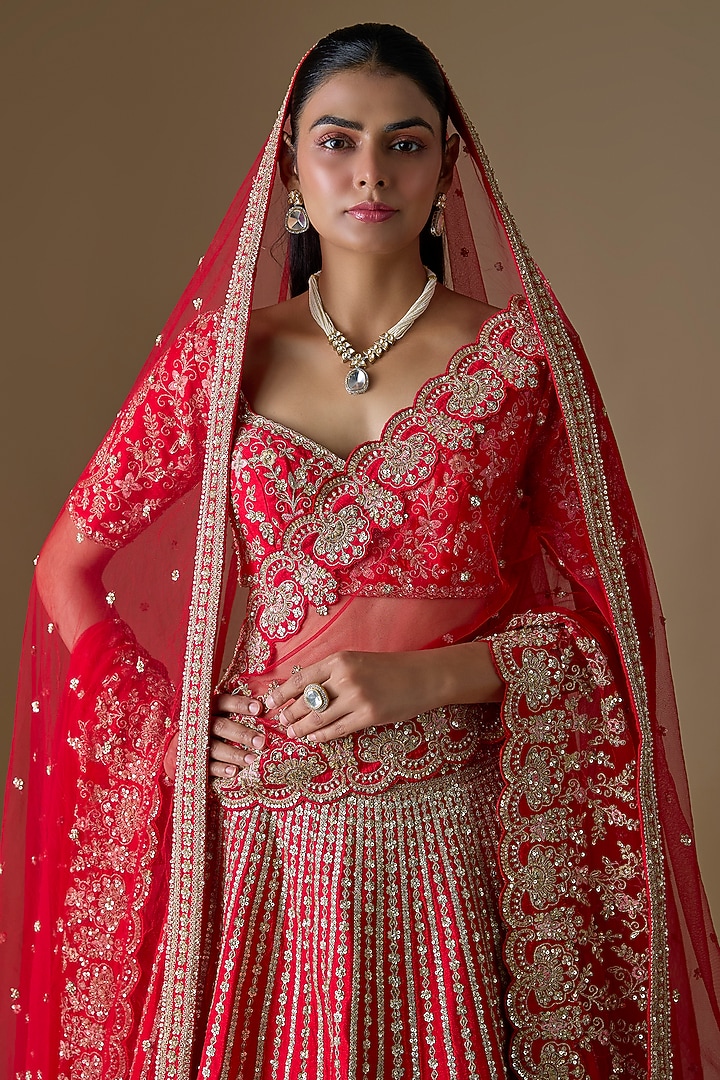 Red Raw Silk Zardosi Hand Embroidered Bridal Lehenga Set by Kalighata at Pernia's Pop Up Shop