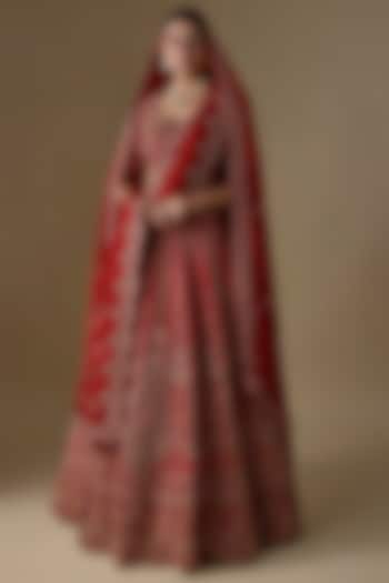 Red Raw Silk Hand & Machine Embroidered Bridal Lehenga Set by Kalighata at Pernia's Pop Up Shop