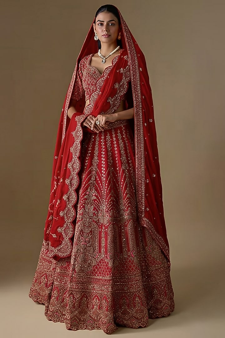 Red Raw Silk Hand & Machine Embroidered Bridal Lehenga Set by Kalighata at Pernia's Pop Up Shop
