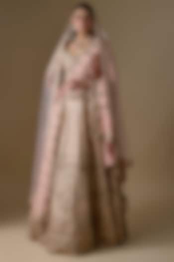 Ivory Raw Silk Zardosi Hand Embroidered Bridal Lehenga Set by Kalighata at Pernia's Pop Up Shop