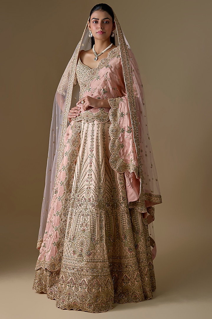 Ivory Raw Silk Zardosi Hand Embroidered Bridal Lehenga Set by Kalighata at Pernia's Pop Up Shop