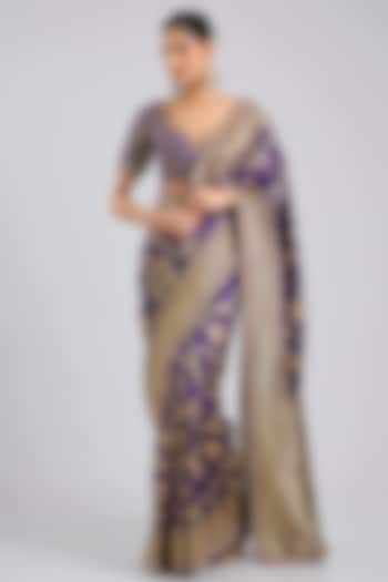 Purple Banarasi Reception Saree Set by Kalighata at Pernia's Pop Up Shop