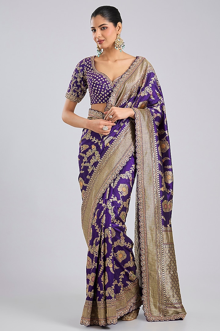 Purple Banarasi Reception Saree Set by Kalighata at Pernia's Pop Up Shop