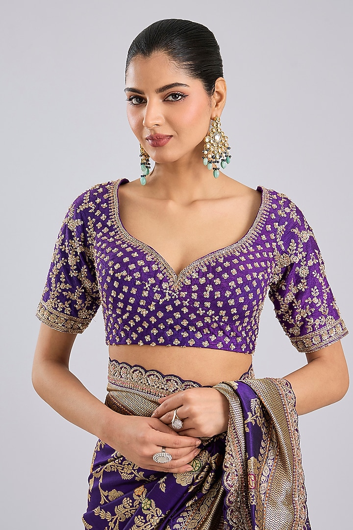 Purple Banarasi Reception Saree Set by Kalighata at Pernia's Pop Up Shop