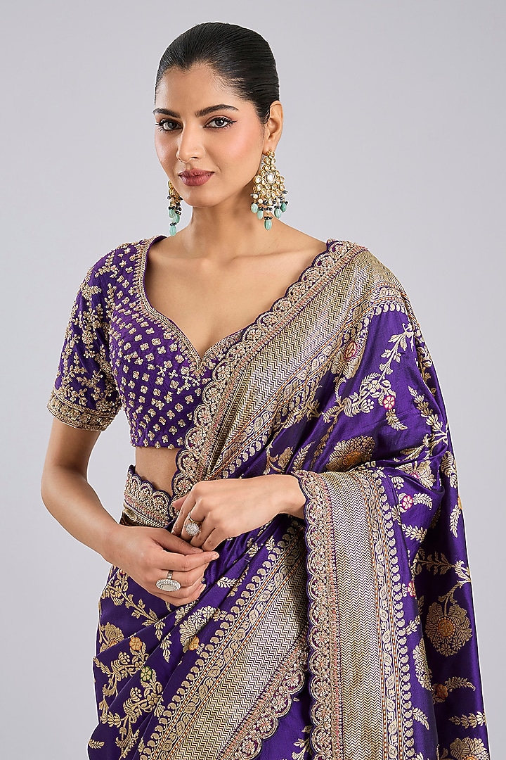 Purple Banarasi Reception Saree Set by Kalighata at Pernia's Pop Up Shop