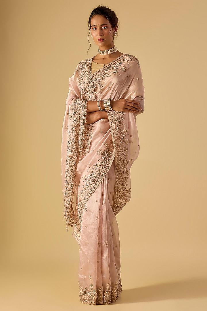 Pink Tissue Hand & Machine Embroidered Bridal Saree Set by Kalighata at Pernia's Pop Up Shop